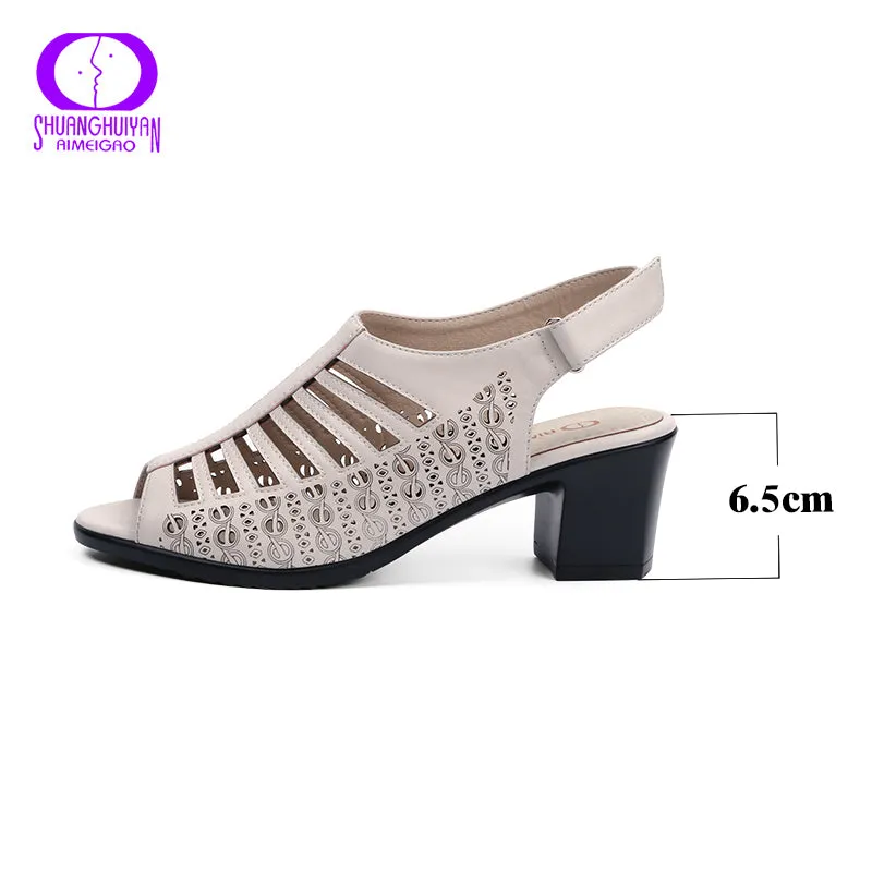 AIMEIGAO 2018 Buckle Strap Women Gladiator Sandals Peep Toe Summer Shoes Thick Heels Women Sandals Soft Leather Big Size Shoes