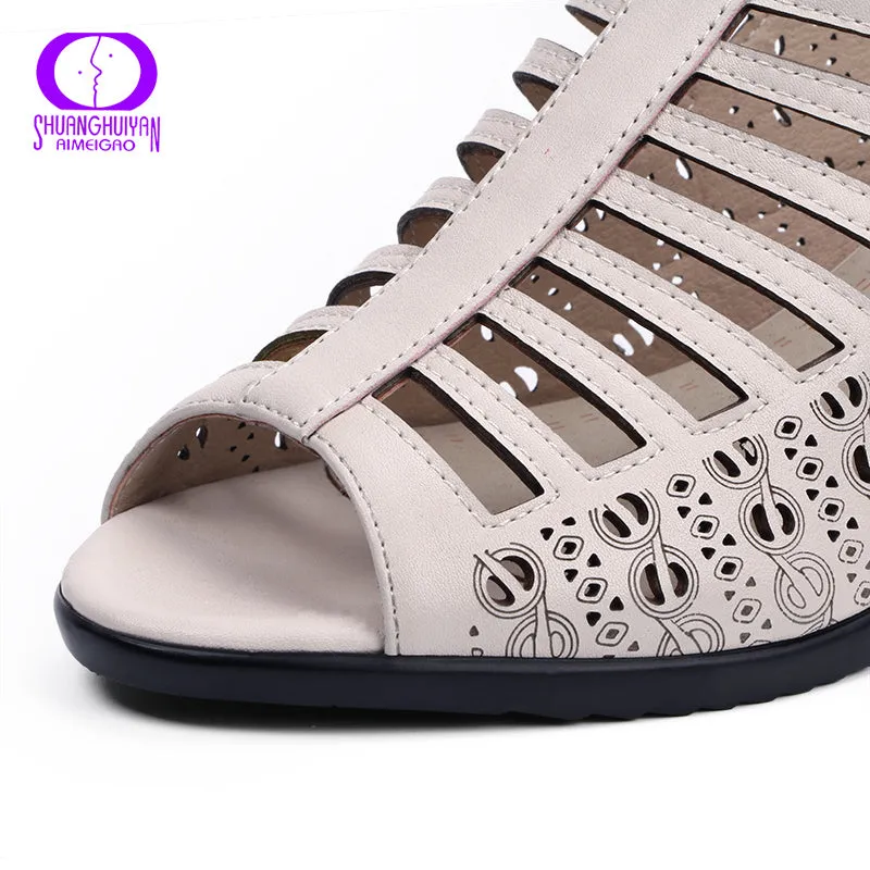 AIMEIGAO 2018 Buckle Strap Women Gladiator Sandals Peep Toe Summer Shoes Thick Heels Women Sandals Soft Leather Big Size Shoes