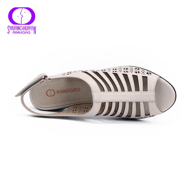 AIMEIGAO 2018 Buckle Strap Women Gladiator Sandals Peep Toe Summer Shoes Thick Heels Women Sandals Soft Leather Big Size Shoes