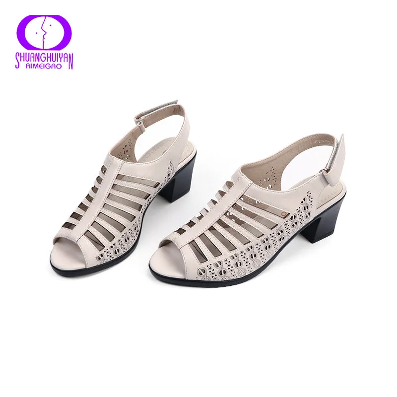 AIMEIGAO 2018 Buckle Strap Women Gladiator Sandals Peep Toe Summer Shoes Thick Heels Women Sandals Soft Leather Big Size Shoes