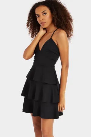 Black Cross Back Frilly Skater Dress