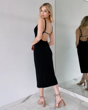 Black Open Back Strap Detail Midi Dress