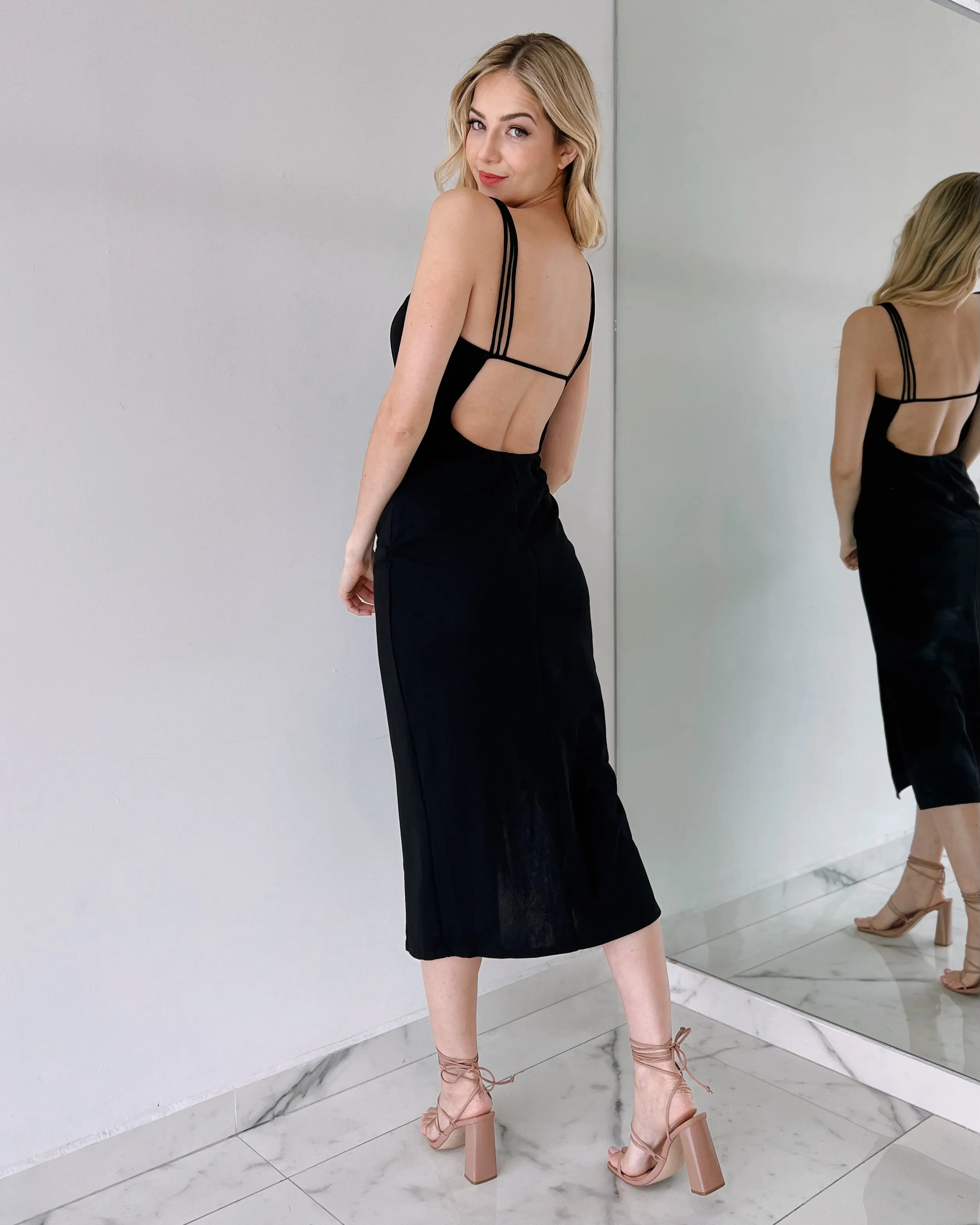 Black Open Back Strap Detail Midi Dress
