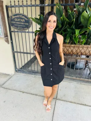 Collared T Back Strap Dress- Black
