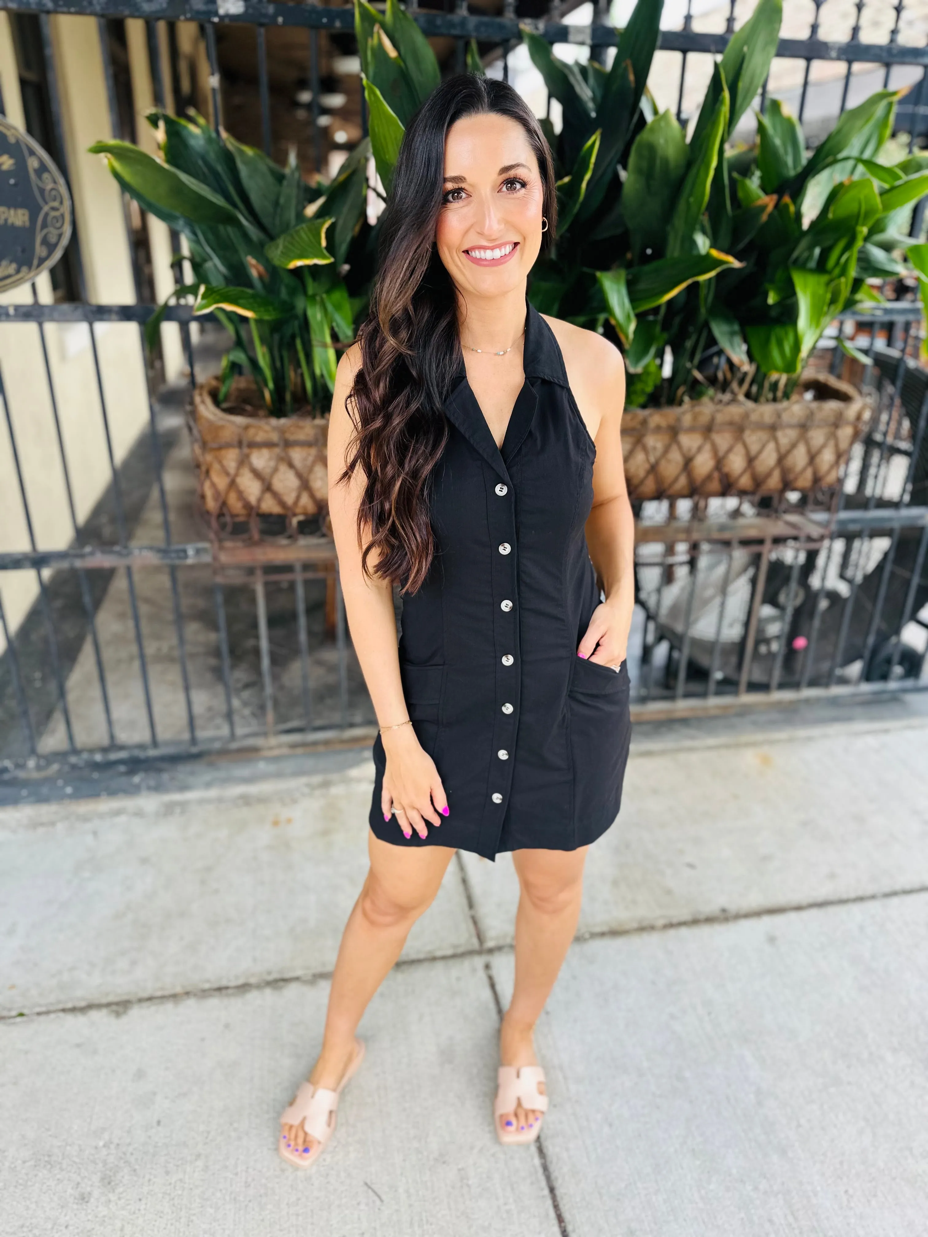 Collared T Back Strap Dress- Black