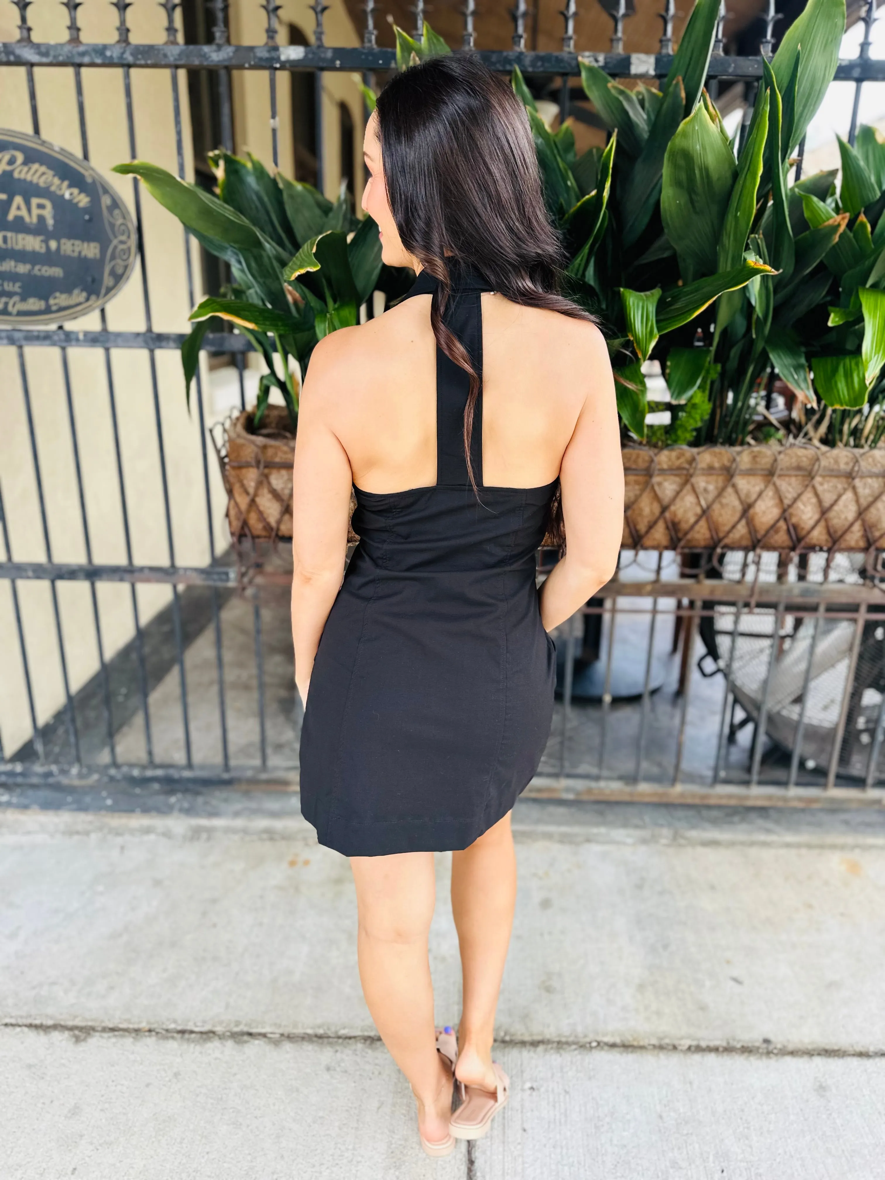 Collared T Back Strap Dress- Black