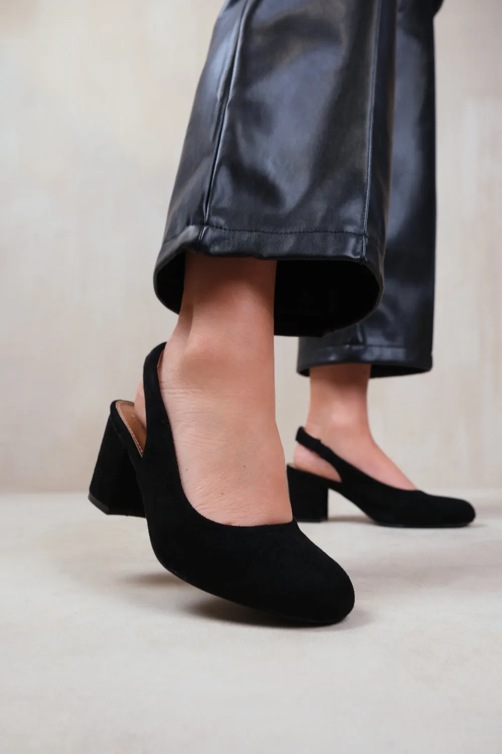 EDITH WIDE FIT BLOCK HEEL SLINGBACK SHOES IN BLACK SUEDE