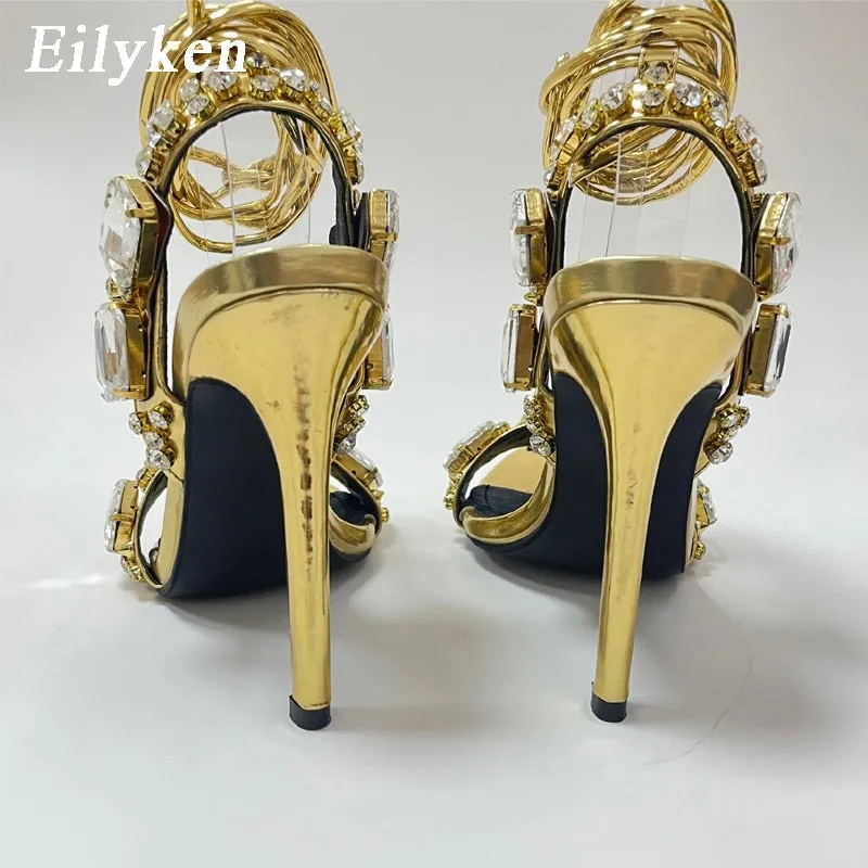 Eilyken Golden Ankle Lace-Up Women Sandals Summer Sexy Crystal Rhinestones Pointed Toe Wedding Party Shoes Ladies Stilettos