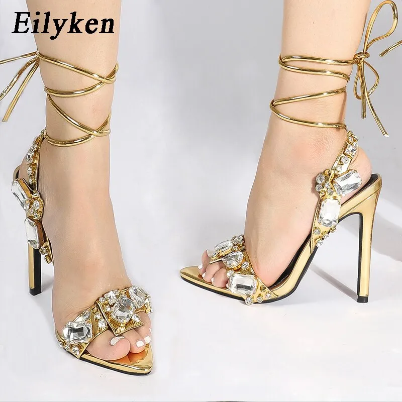 Eilyken Golden Ankle Lace-Up Women Sandals Summer Sexy Crystal Rhinestones Pointed Toe Wedding Party Shoes Ladies Stilettos