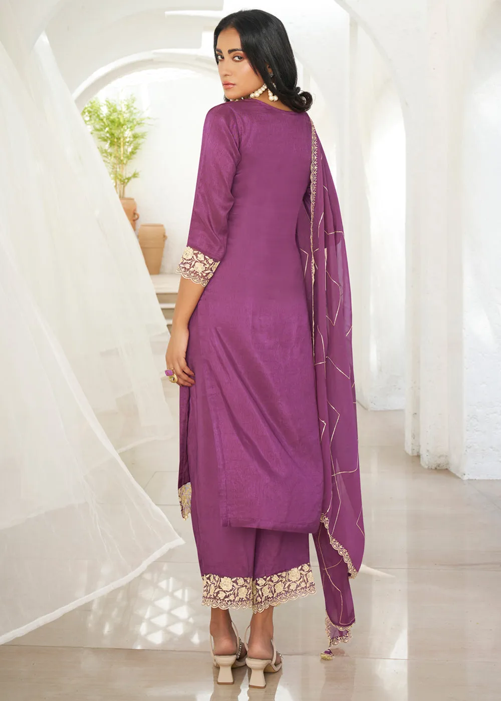 Jasmine Purple Dola Silk Suit Featuring Beaded Handwork