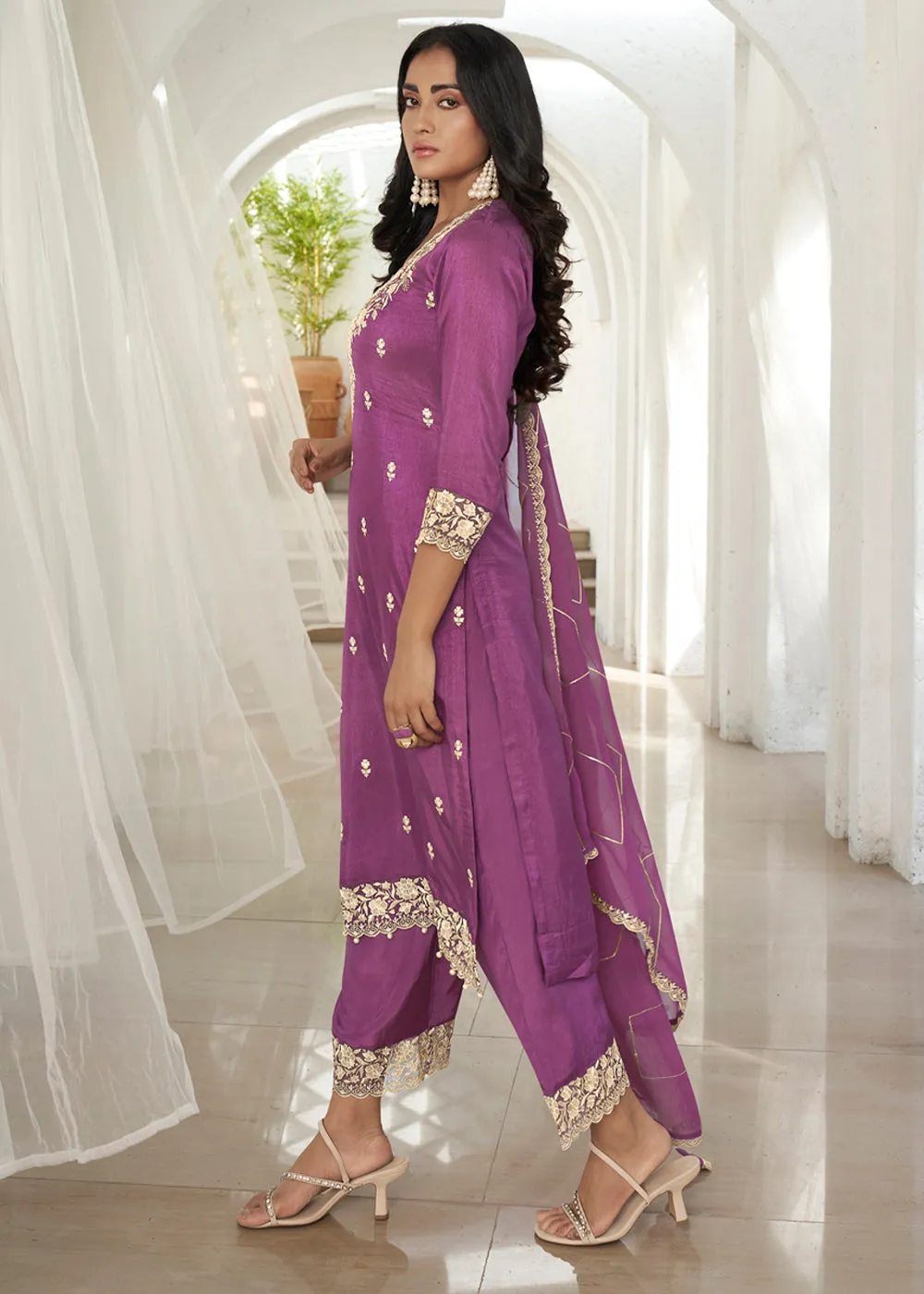 Jasmine Purple Dola Silk Suit Featuring Beaded Handwork