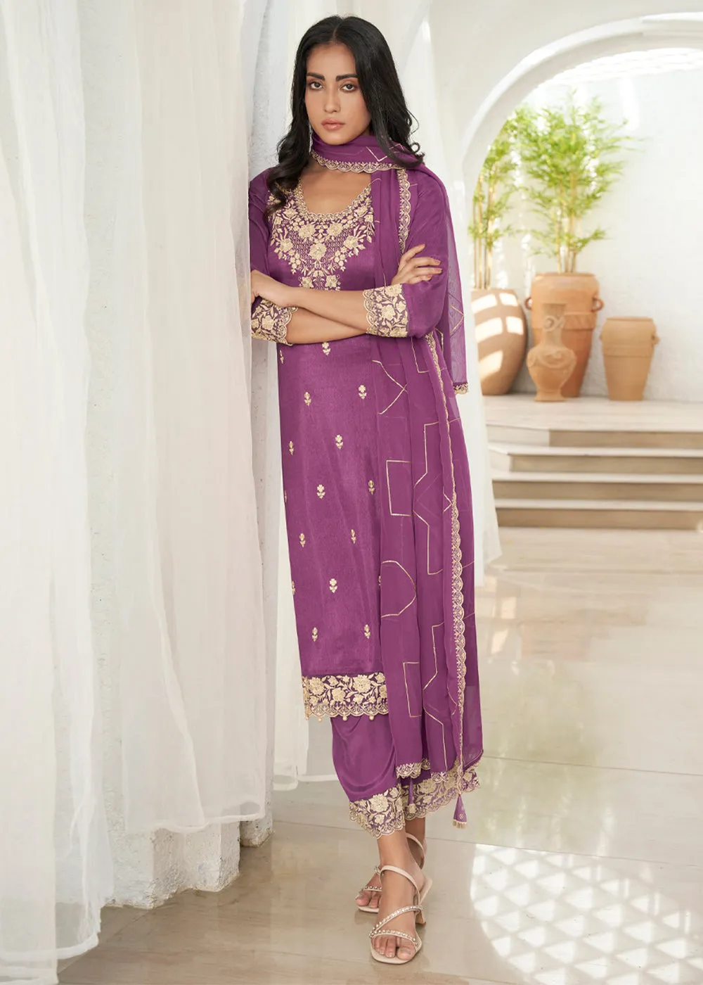 Jasmine Purple Dola Silk Suit Featuring Beaded Handwork