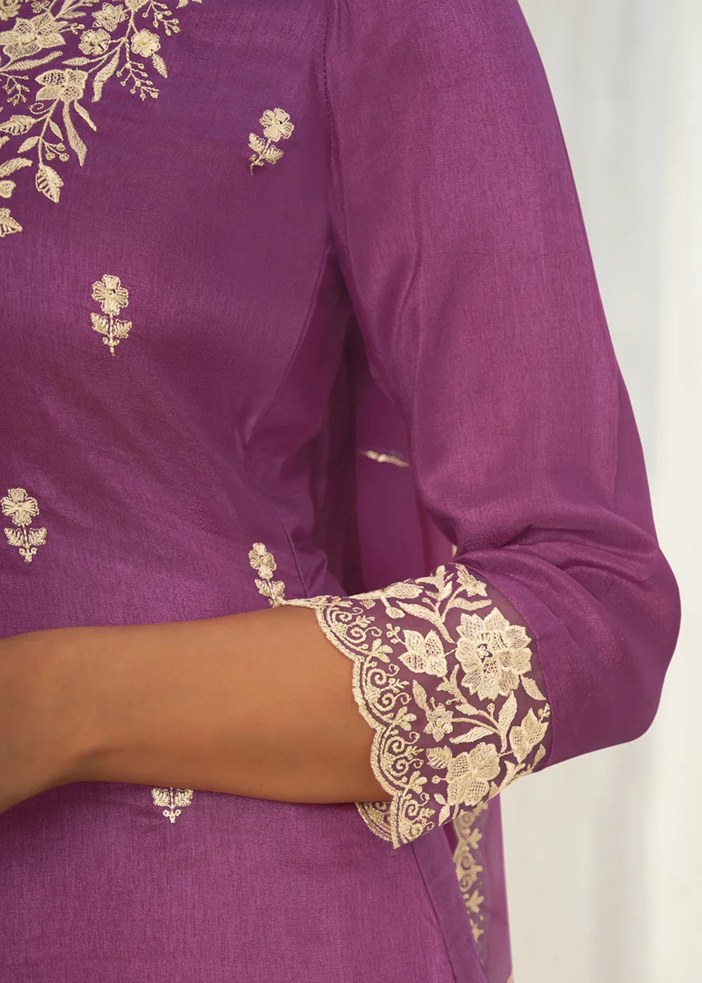 Jasmine Purple Dola Silk Suit Featuring Beaded Handwork