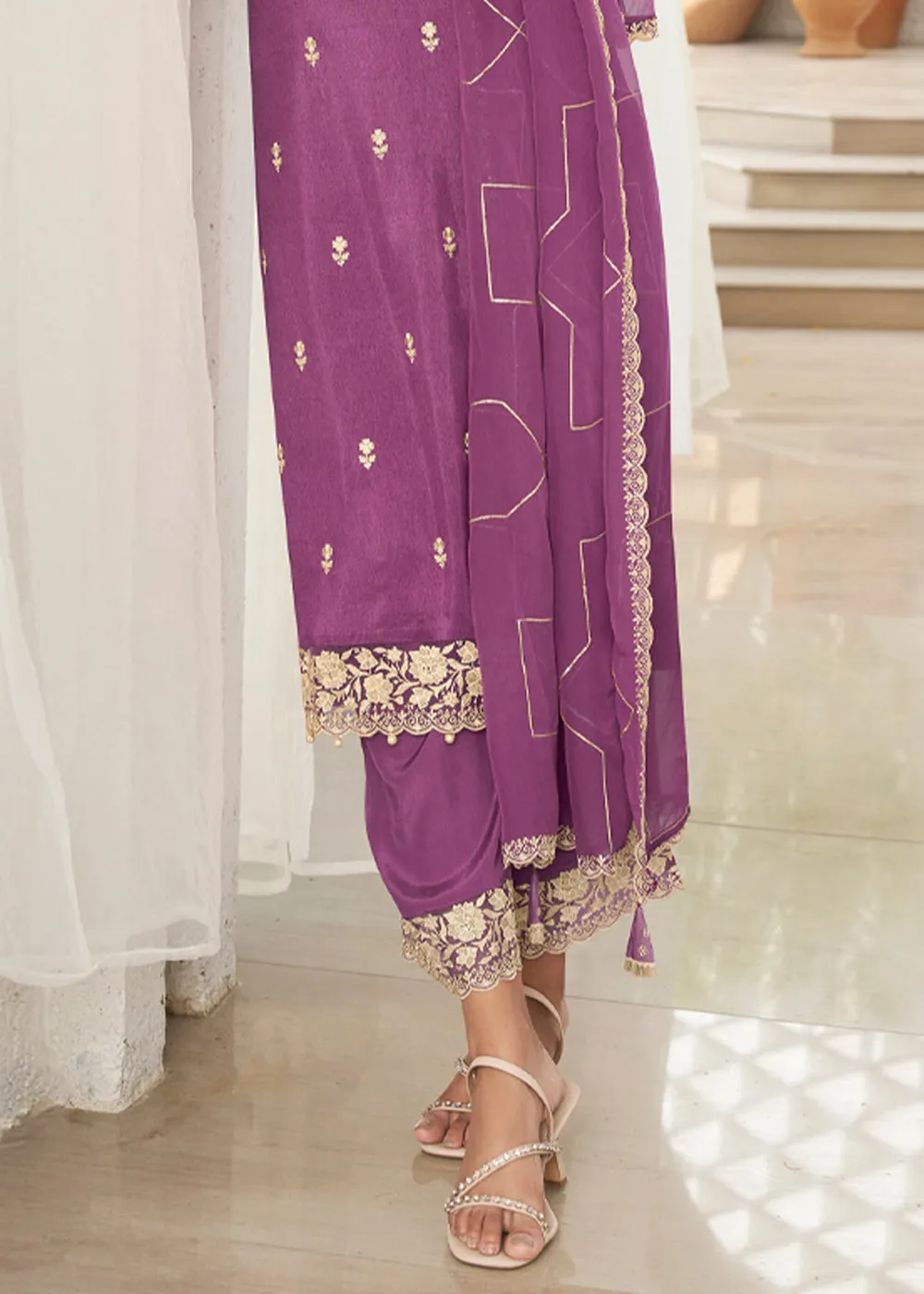 Jasmine Purple Dola Silk Suit Featuring Beaded Handwork