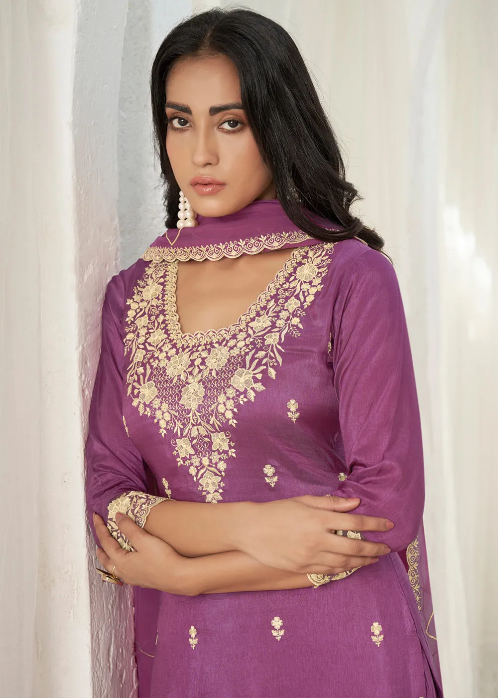 Jasmine Purple Dola Silk Suit Featuring Beaded Handwork