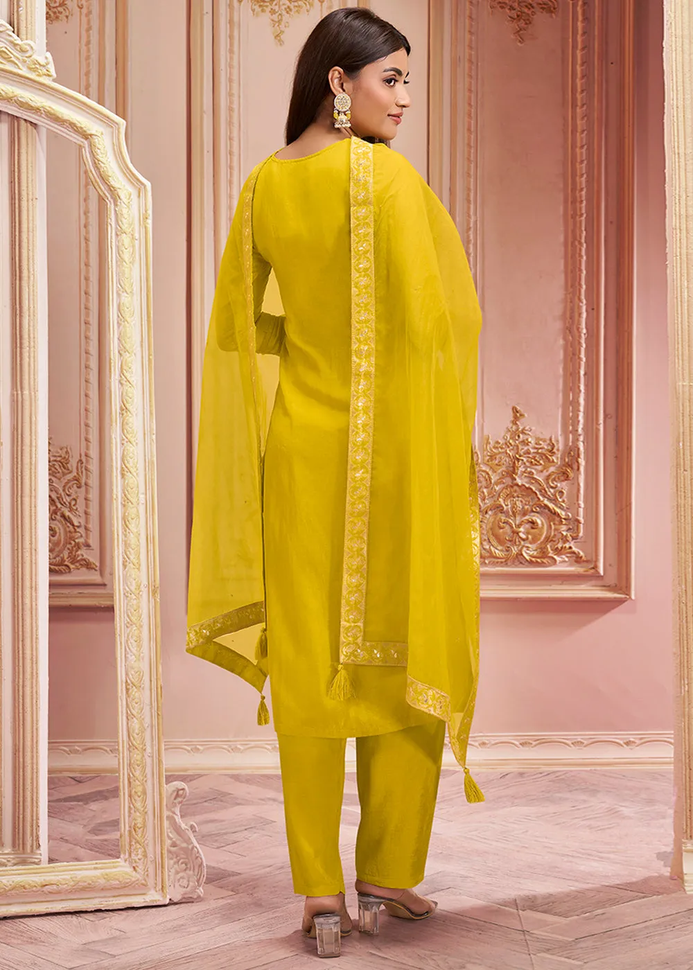 Lemon Yellow Dola Silk Suit Featuring Jacquard Pattern Weaving