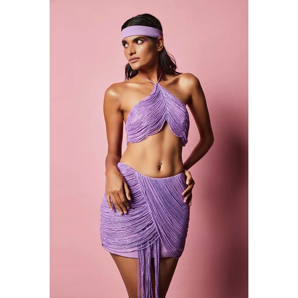 Nirmooha Lilac Embroidered Halter Neck Tassel Top Lilac Embroidered Tassel Skirt (Set of 2)