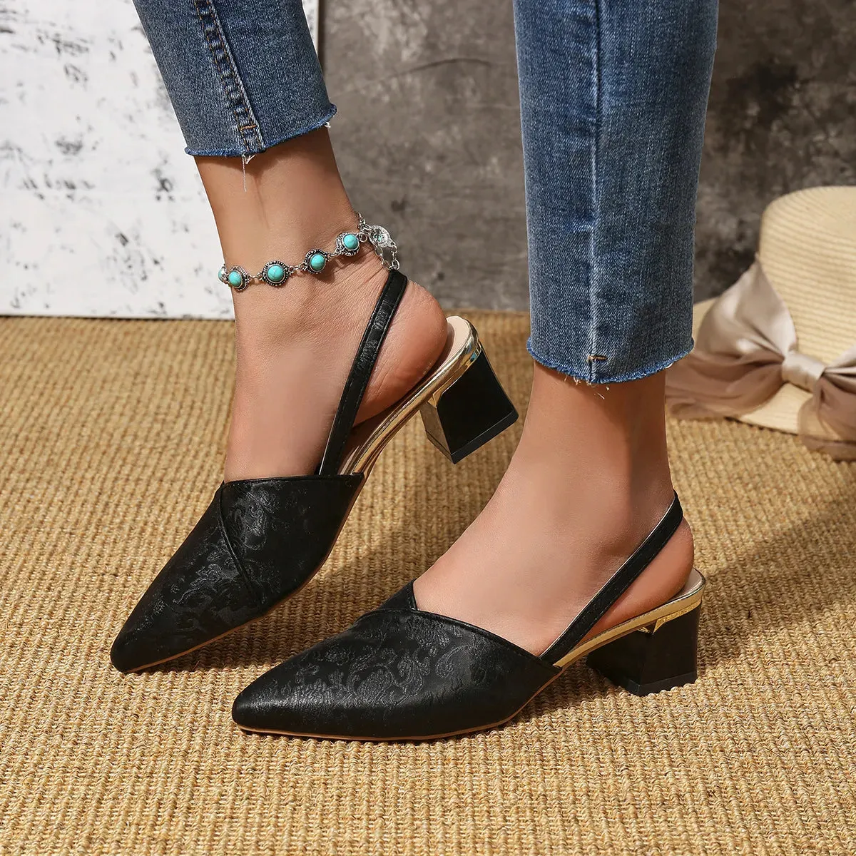 Point Toe Block Heel Slingback Pumps