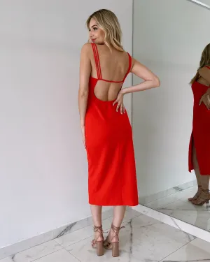 Red Open Back Strap Detail Midi Dress