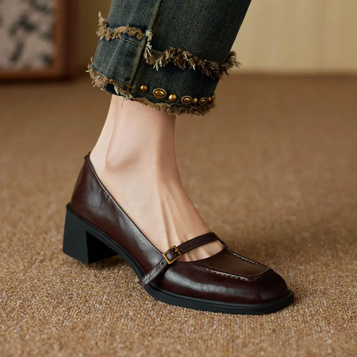 Square Toe Block Heels Pumps