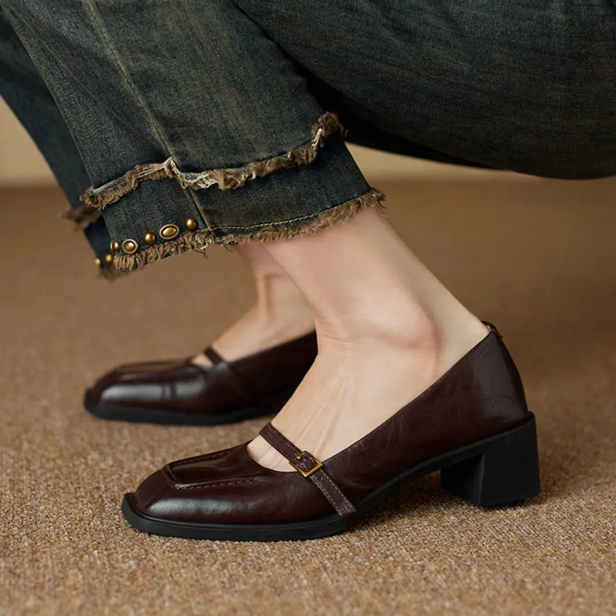 Square Toe Block Heels Pumps