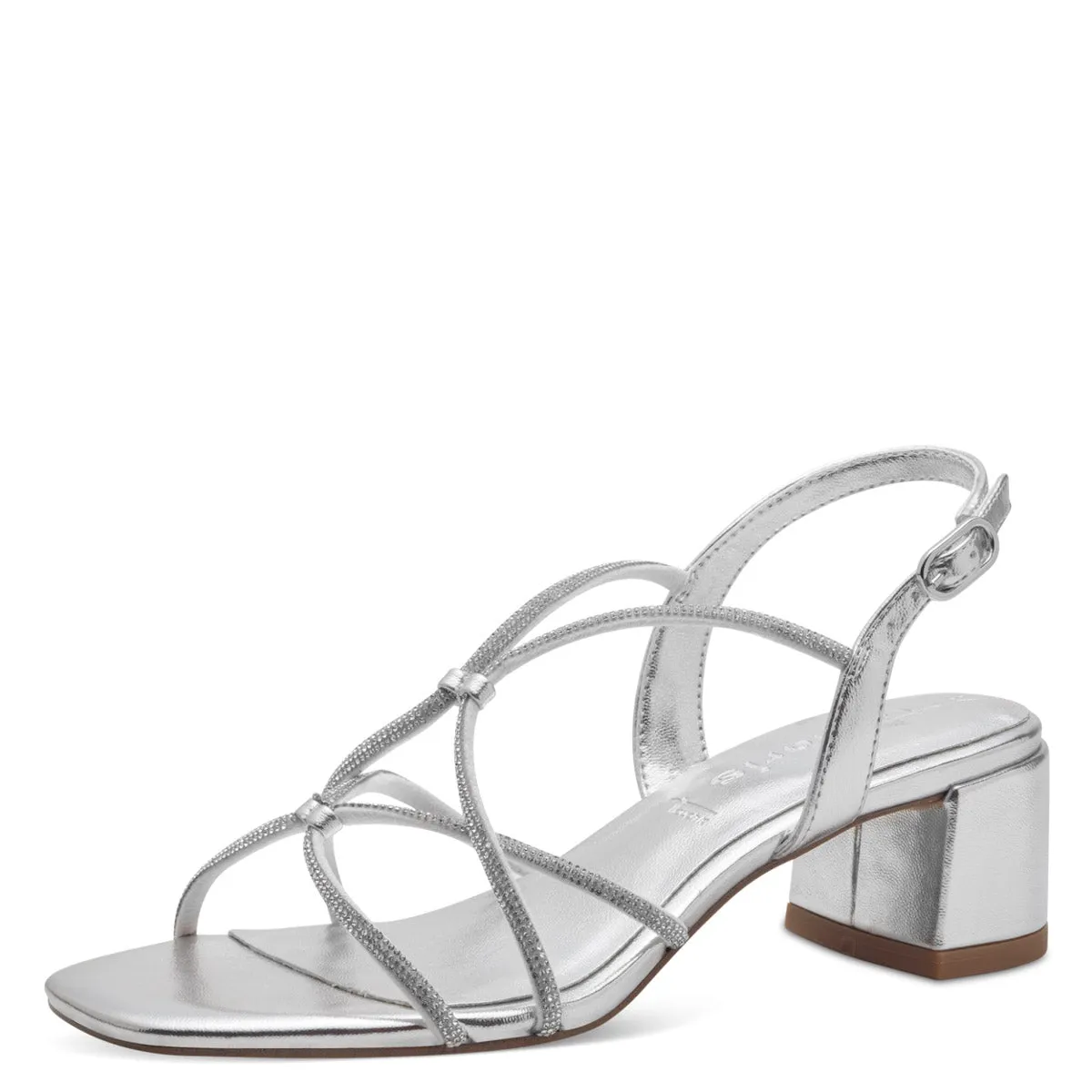 Tamaris Silver Vegan Heels with Diamante Detail and Square Toe