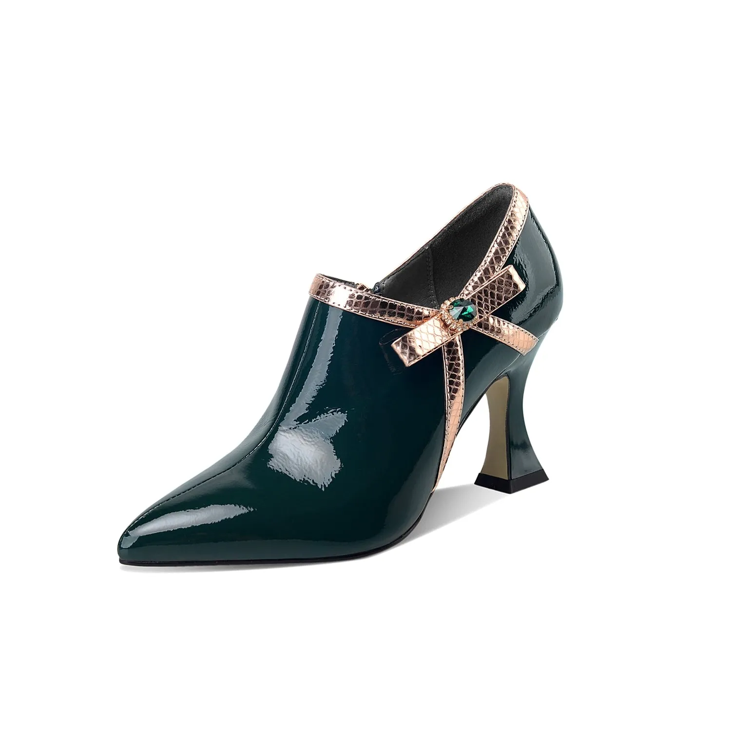 TinaCus Women's Patent Leather Handmade High Stiletto Heel Side Zip Up Pointed Toe Pump Shoes with Crystal Bowtie